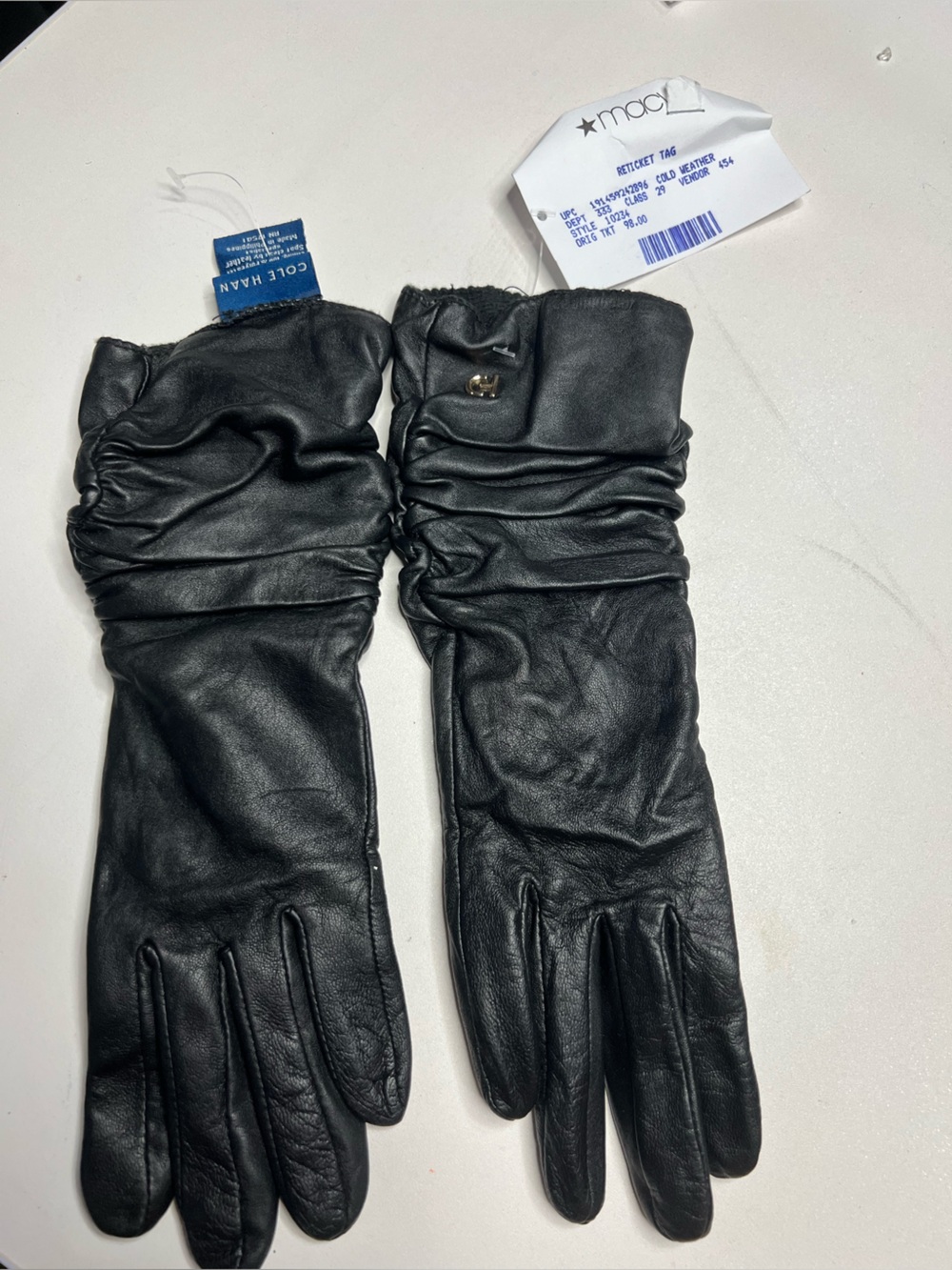 Cole Haan Women's Black Leather Ruched Gloves